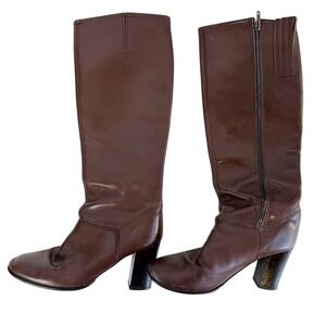 Italian Leather High‎ Boots Brown Stacked Heels Women's Vintage 6.5